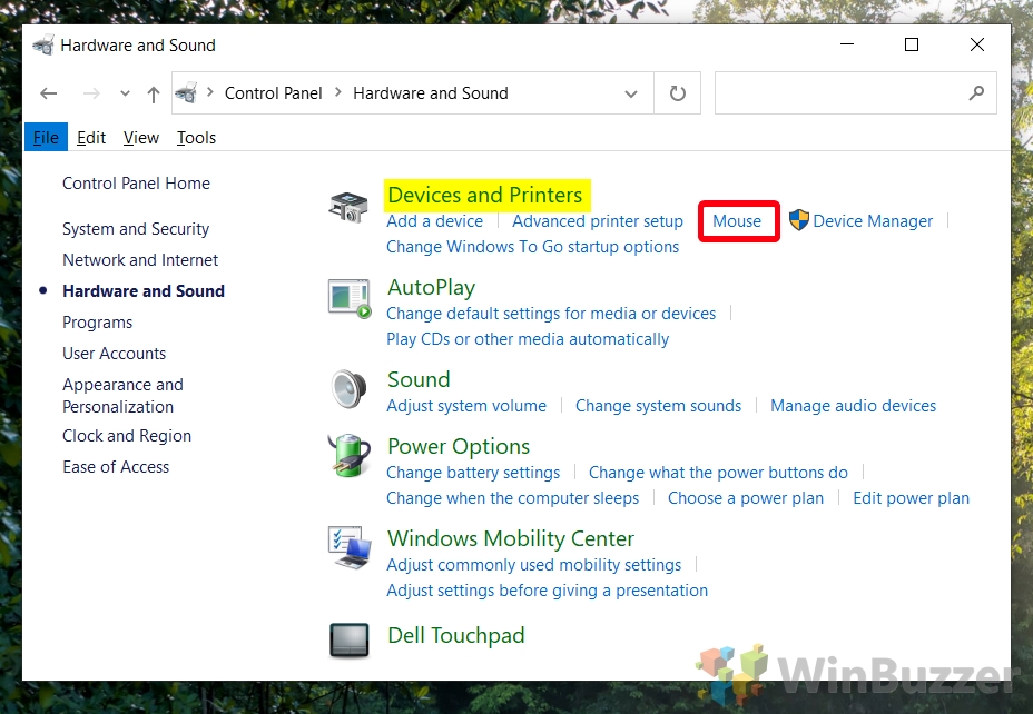 Windows 10 - Control Panel -Hardware and Sound - Devices and Printers - Open Mouse