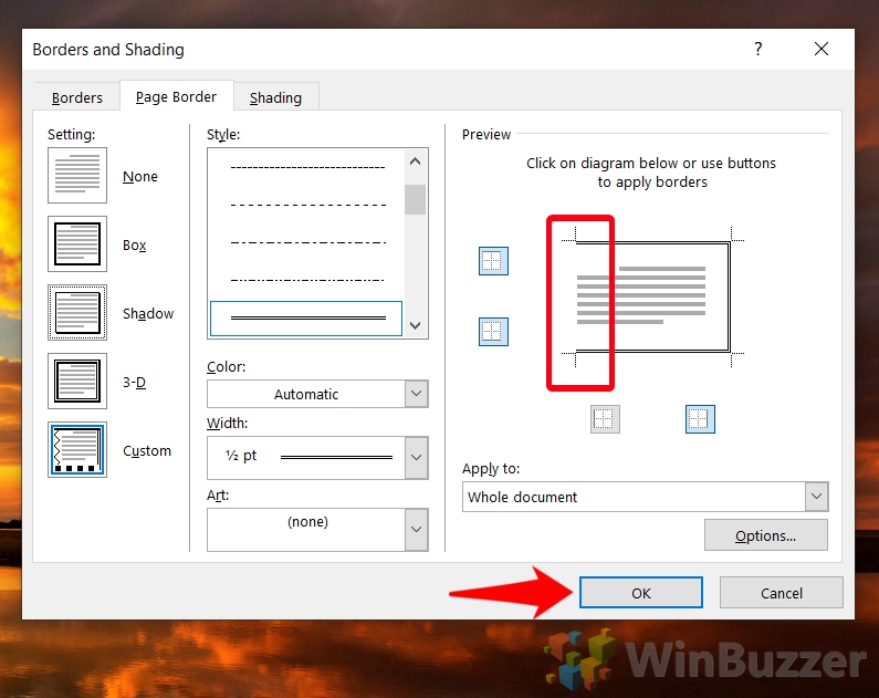 Windows 10 - Word - Design - Page Borders - Select Setting - Select Style - Click One border to Delete