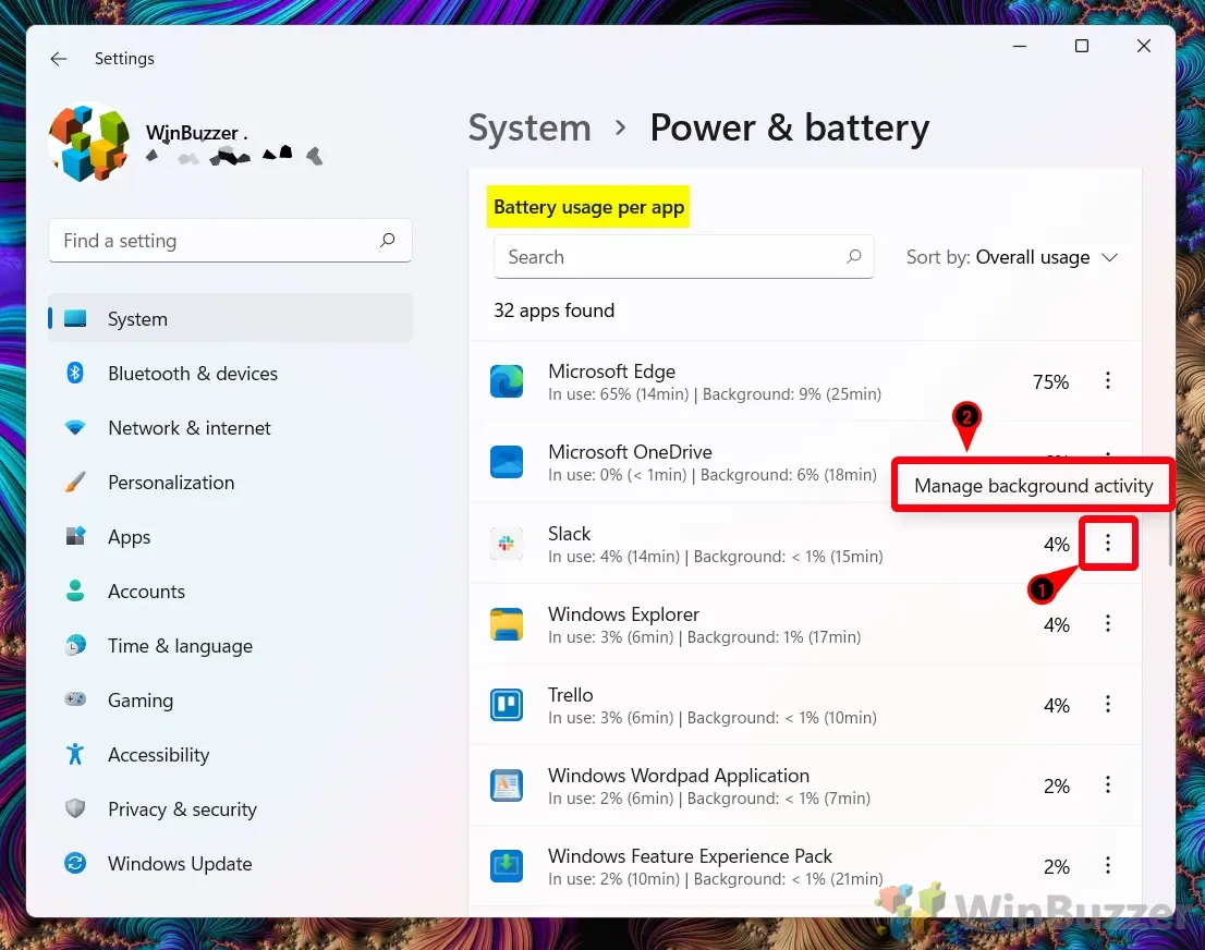 Windows 11 - Settings - System - Power & Battery - Battery Usage - Choose App - Manage Background Activity