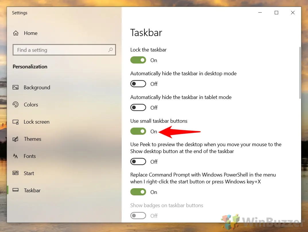 Windows 10 - Right-Click Taskbar - Taskbar Settings - Use Small Taskbar Buttons - On