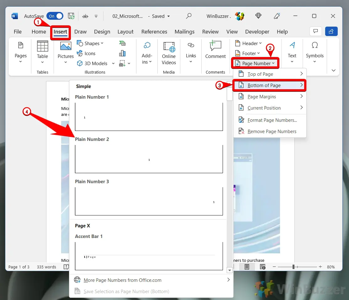 Windows 11 - Word - Insert - Page Number - Bottom of Page - Plain Numer 2
