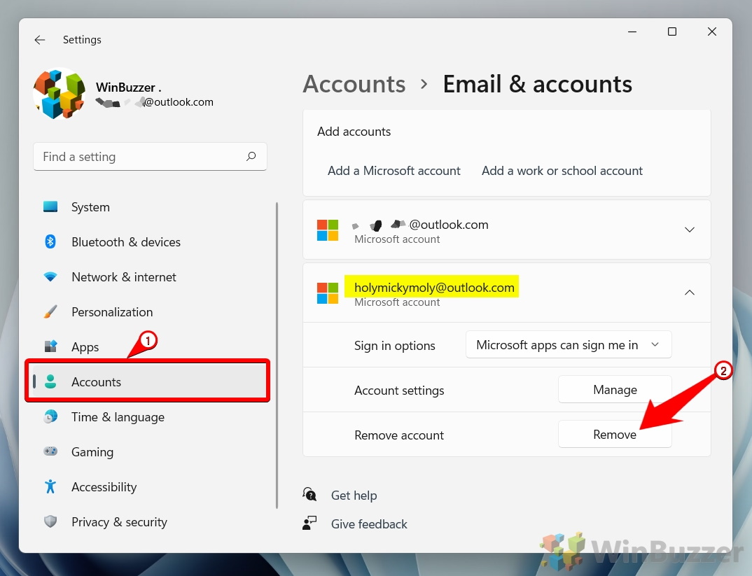 how to delete microsoft account in win 11