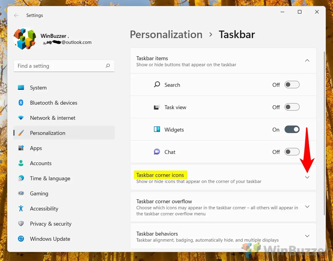 Windows 11 - Taskbar Settings - Open Taskbar Corner Icons