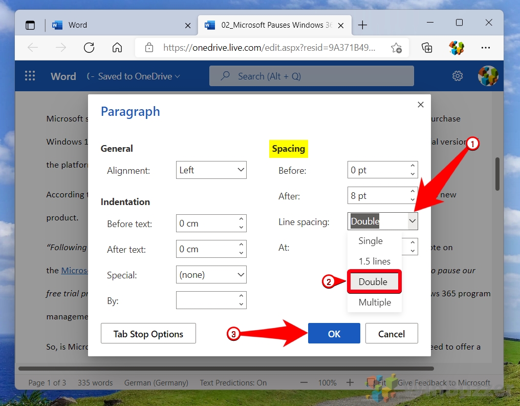 how to double space on microsoft word online