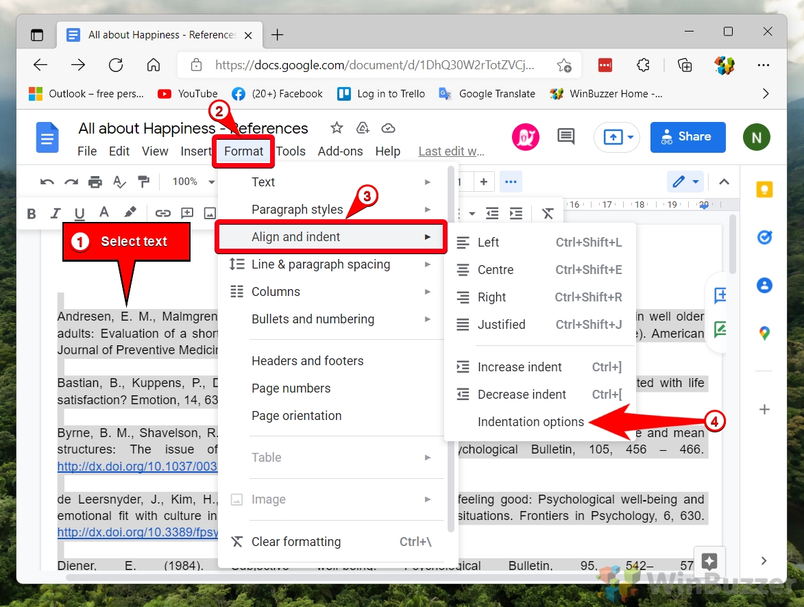 Windows 11 - Google Docs - Select Text - Format - Align & Indent - Indentation Options