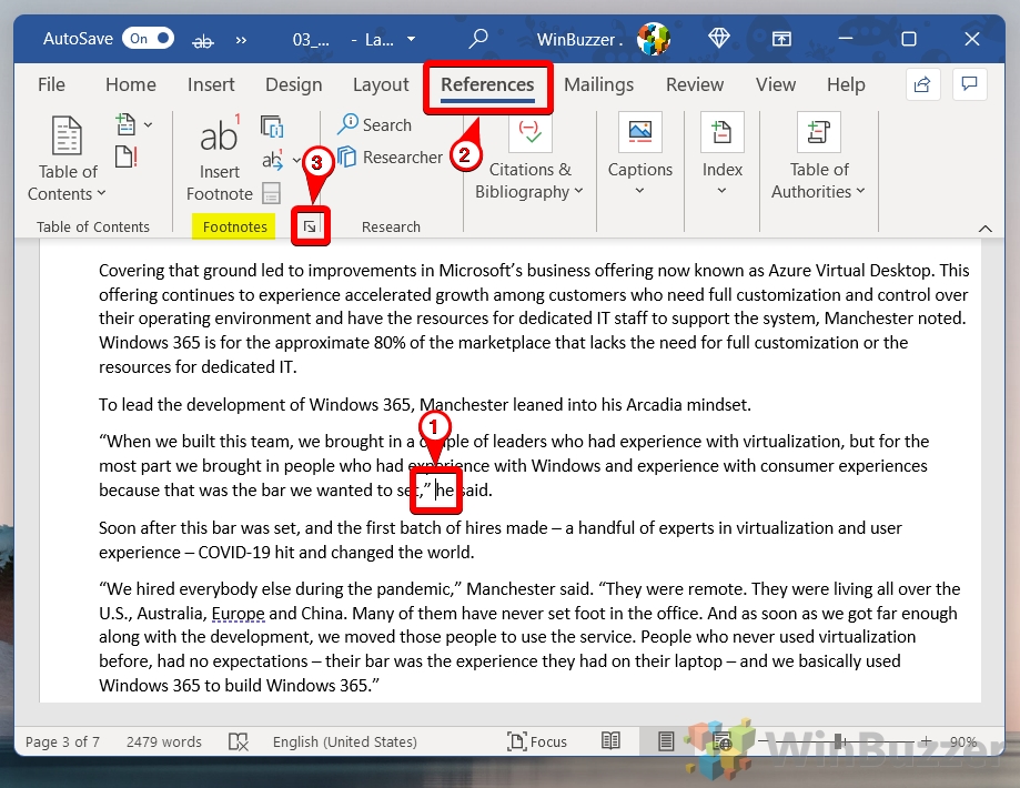 Windows 11 - Word - Place the Cursor - References - Footnotes