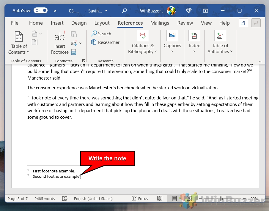 Windows 11 - Word - Place the Cursor - Insert Footnote - Write the Note