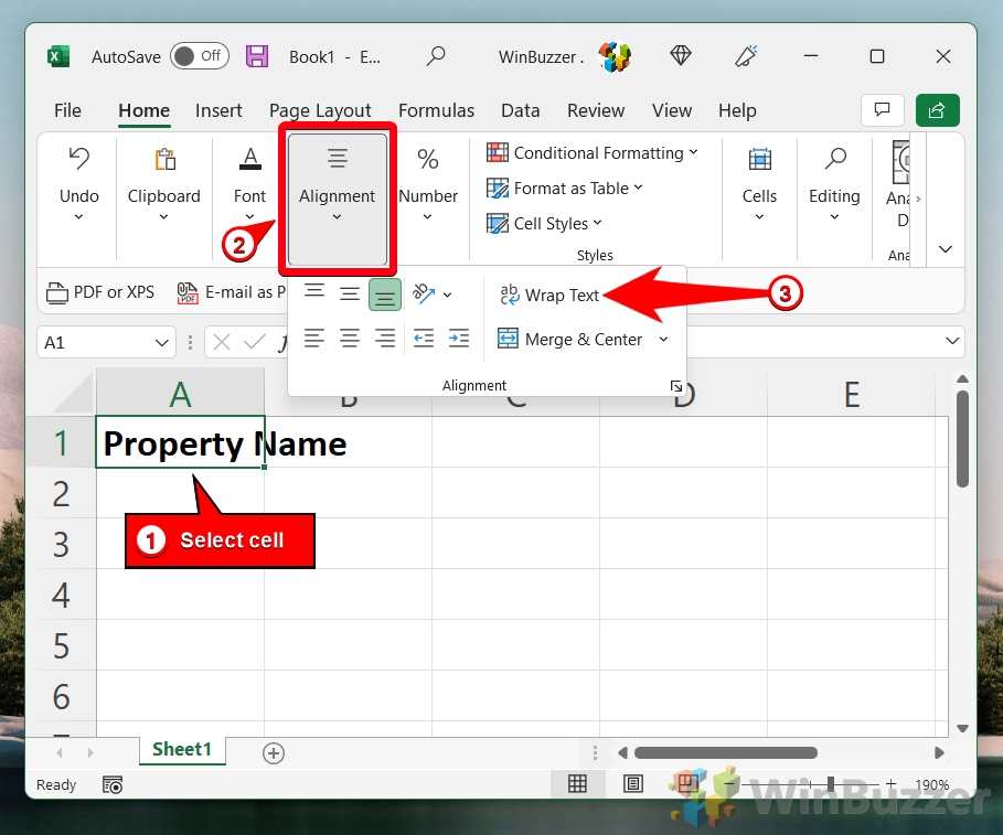 Windows 11 - Excel - Click on Cell - Home - Alignment - Wrap Text