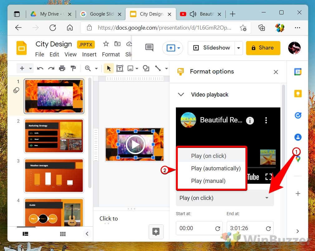 Windows 11 - Google Slides - Insert Video - Format - Format Options - Play Options
