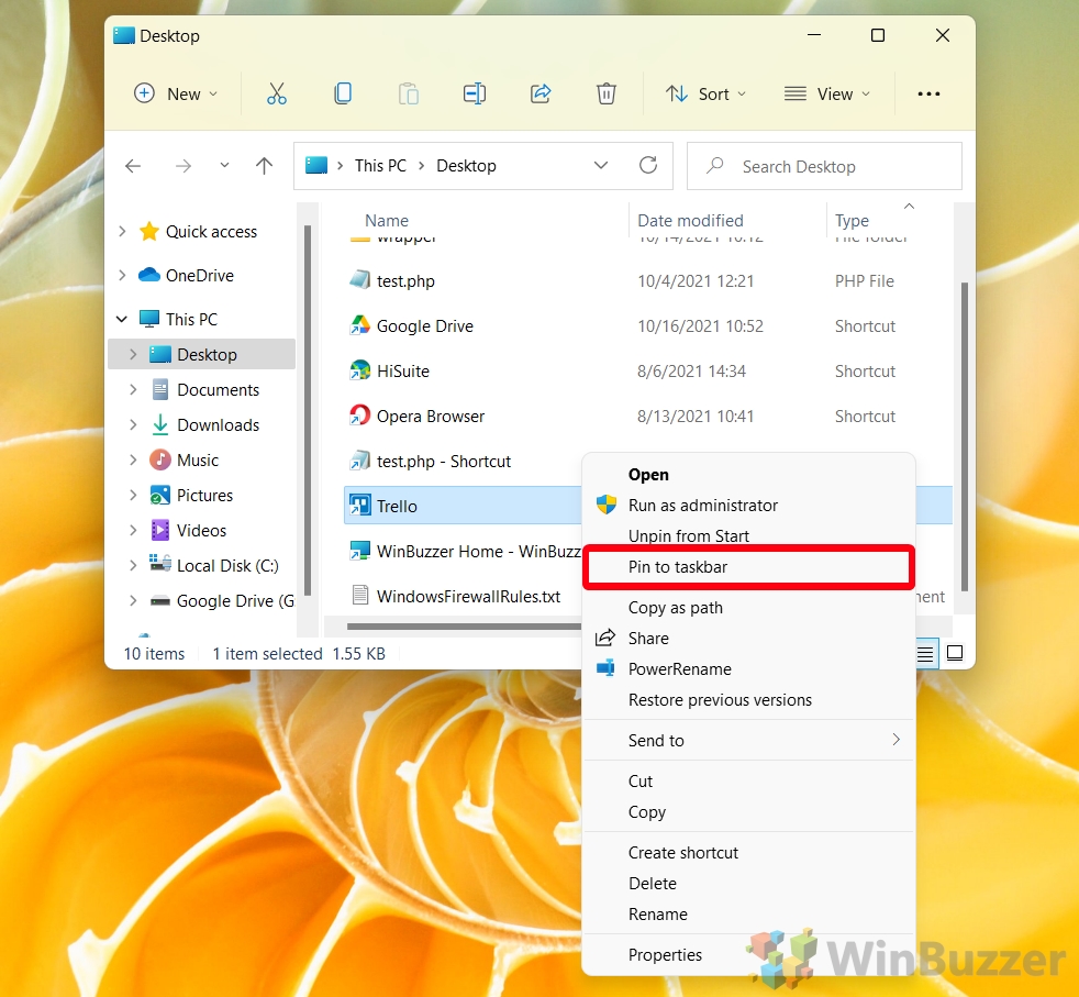 Windows 11 - File Explorer - Desktop - Right-Click on App Icon - Show More Options - Pin to Taskbar