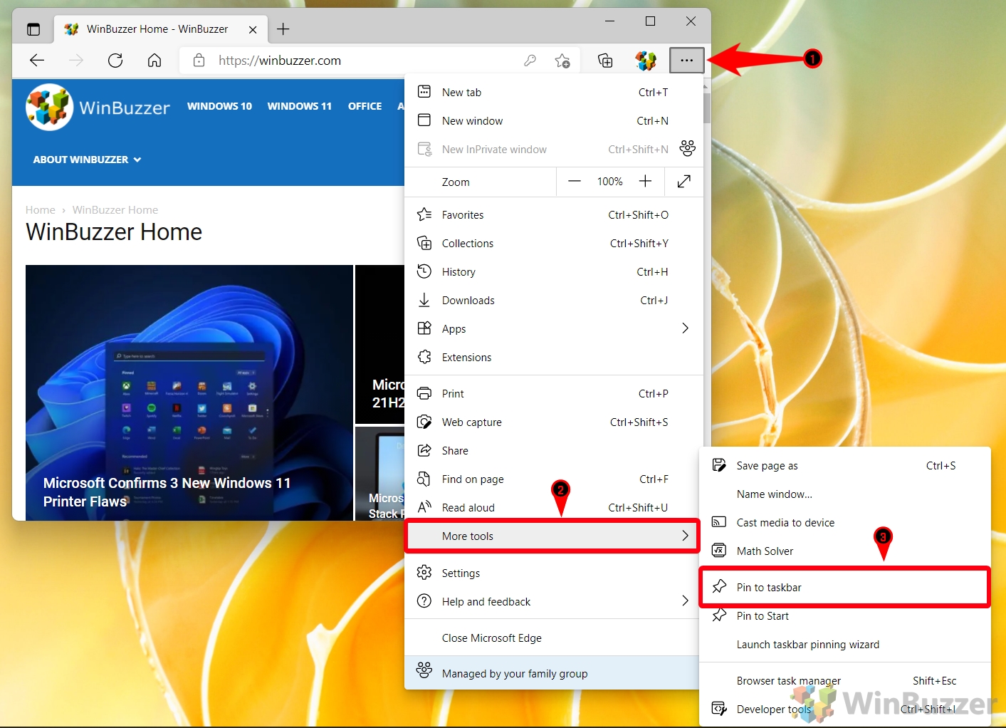 Windows 11 - Edge - Open Site - Settings and More - More Tools - Pin to Taskbar
