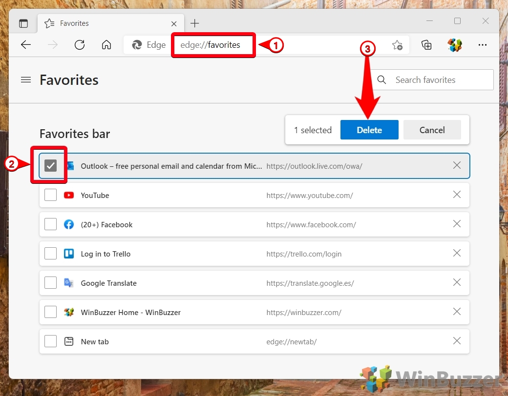 Windows 11 - Microsoft Edge - Favourites - Select One - Delete