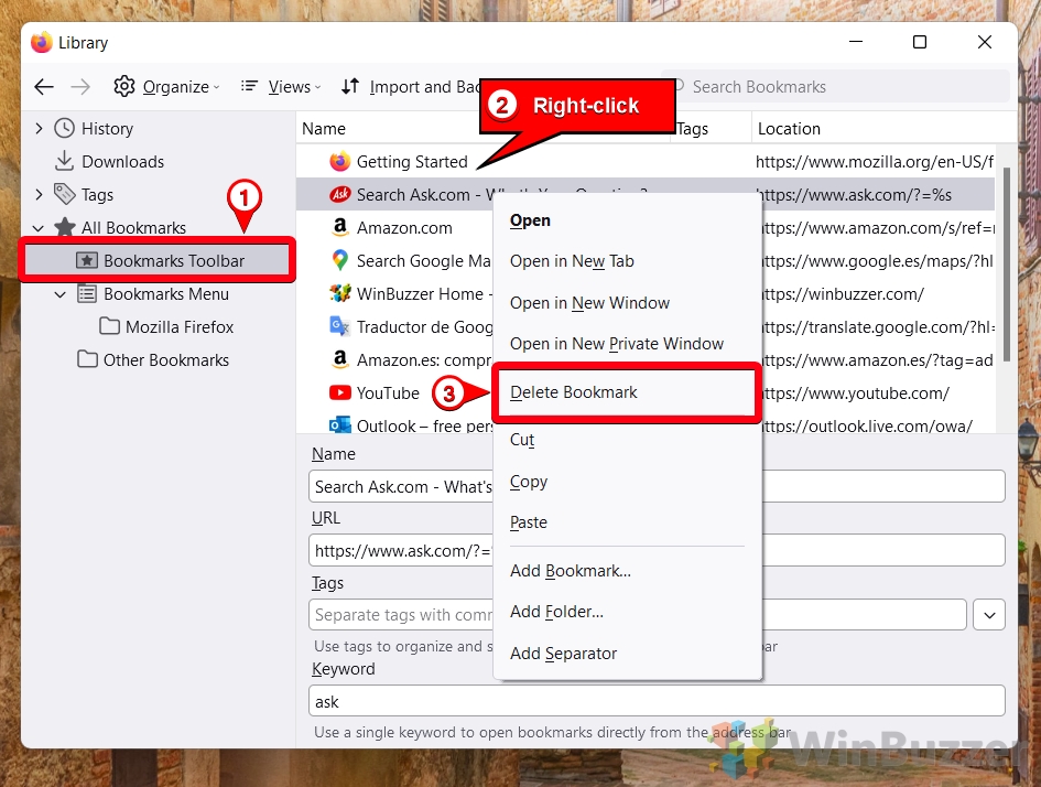 Windows 11 - Firefox - Hamburger - Bookmarks - Manage Bookmarks - Bookmarks Toolbar - Web Page Context Menu - Delete Bookmark