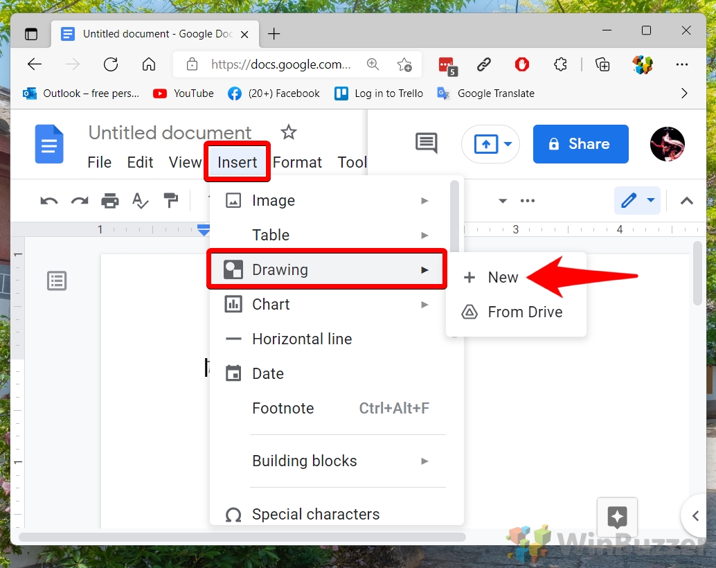 Windows 11 - Google Docs - Insert - Drawing - New