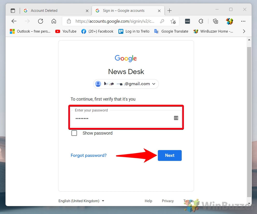 Windows 11 - Google Account - Data and Privacy - Delete a Google Service - Password