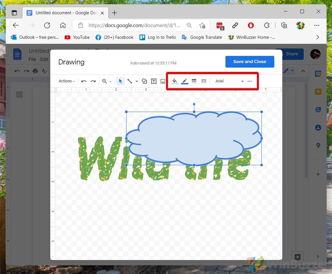 Windows 11 - Google Docs - Insert - Drawing - New - Shapes -Add - Edit