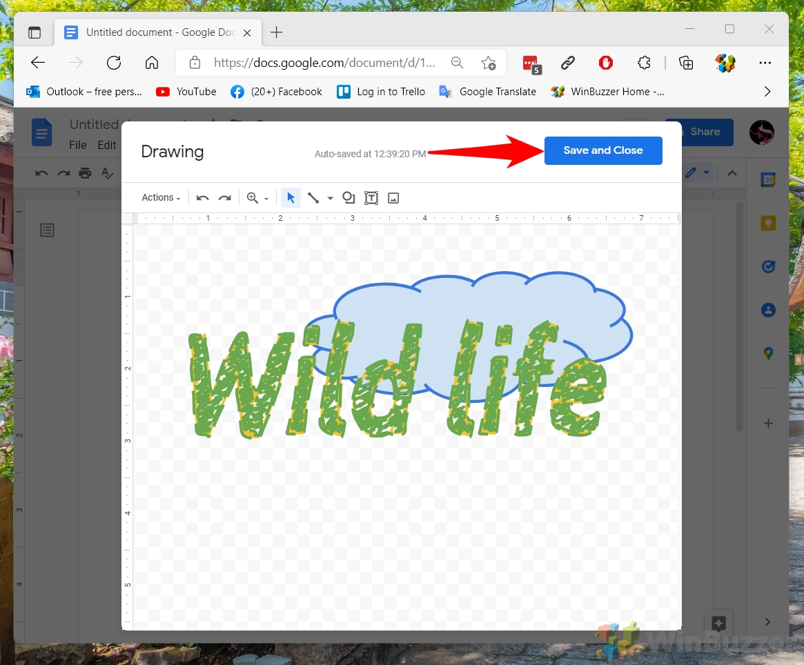 Windows 11 - Google Docs - Insert - Drawing - New - Shapes - Order - Send to Back - Save and Close
