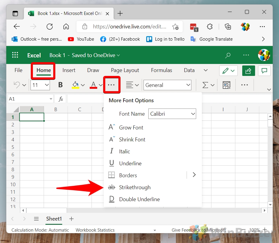 Windows 11 - Excel Online - Home - More - Strickethrough