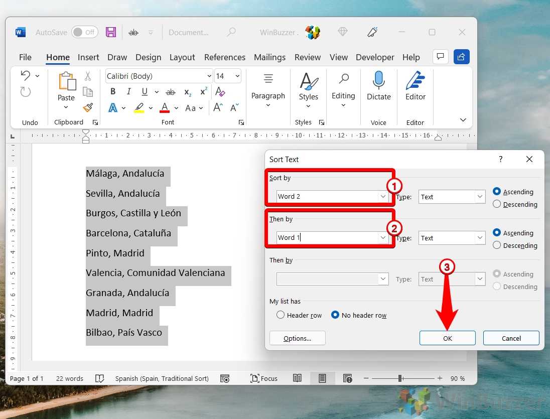 Windows 11 - Word - Home - Paragraph - AZ - Sort by Word 2 - Then by Word 1 - Accept