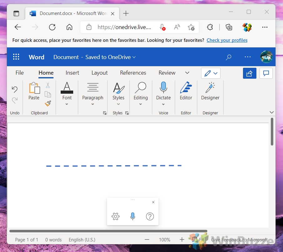 Windows 11 - Online Word - Insert - Drawing - Shapes - Line - Format - Result