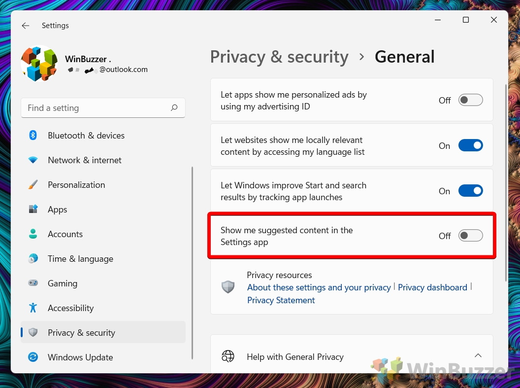 Windows 11 - Start - Settings - Privacy & Security - General - Turn Off Show Sugestions