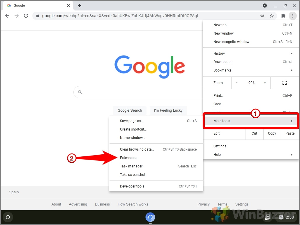 Chromebook - Google - Menu - More Tools - Extensions