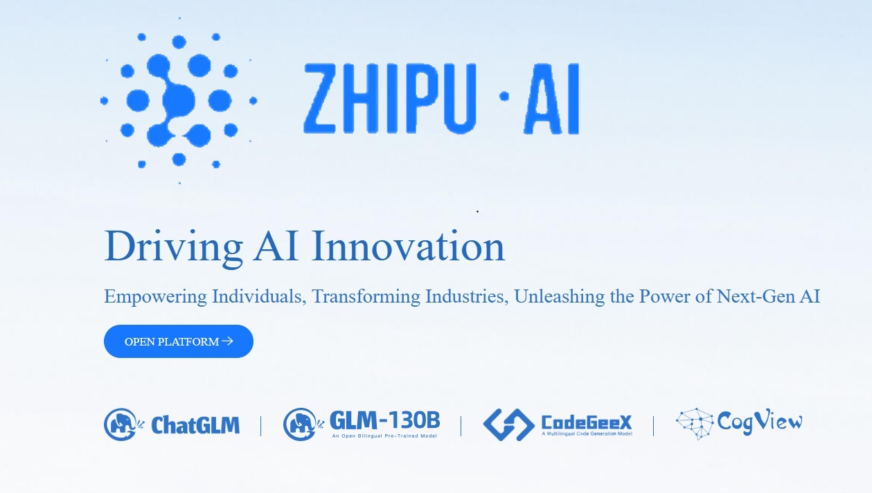 A company page with a light blue background and white text about Zhipu AI, which features a logo with dots in blue and a blue arrow pointing to the right.