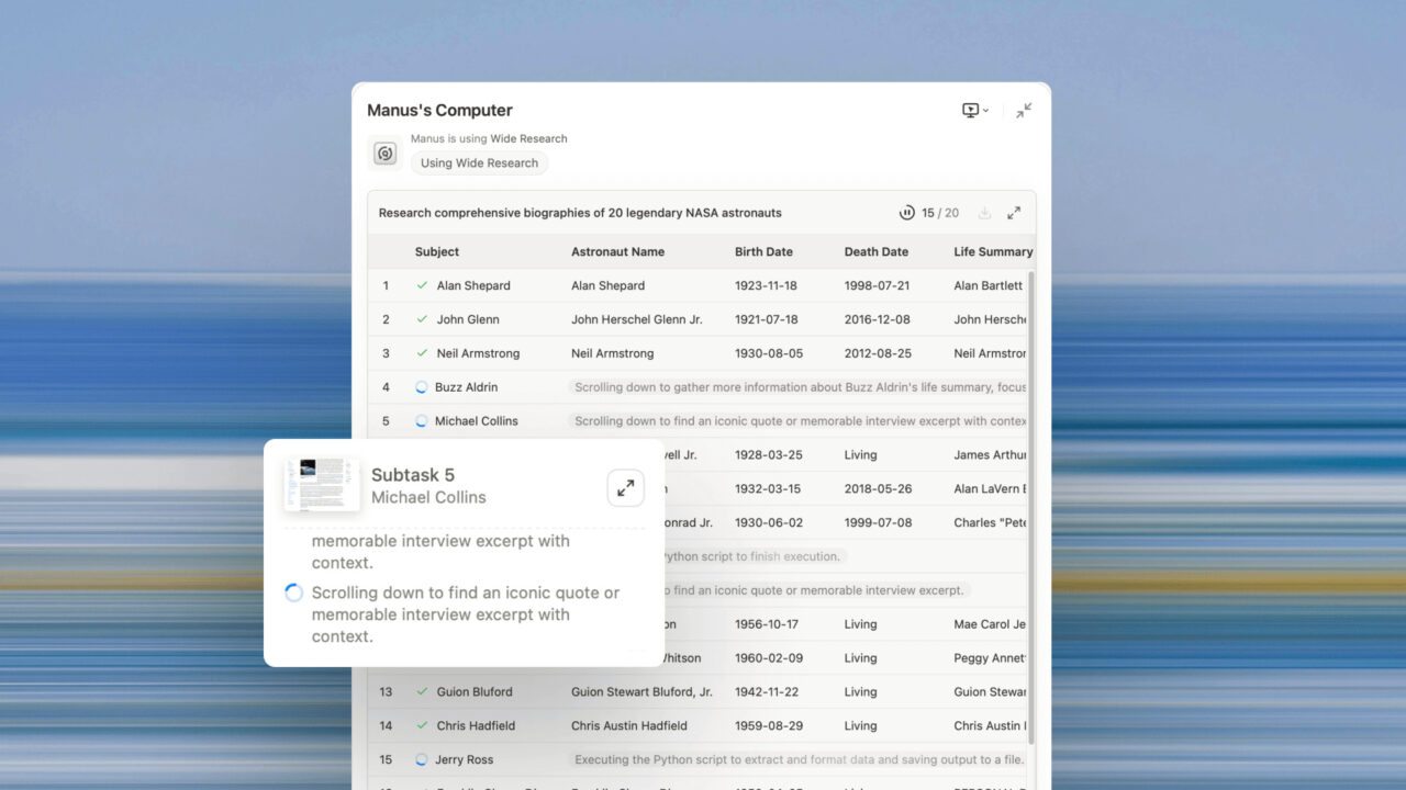 Manus AI Launches ‘Wide Research,’ Pitting 100-Agent Swarms Against ‘Deep Research‘ from Google and OpenAI 